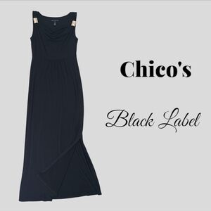 Chicos Black Label Drape Neck Sleeveless Gold Hardware Slinky Dress Size 00